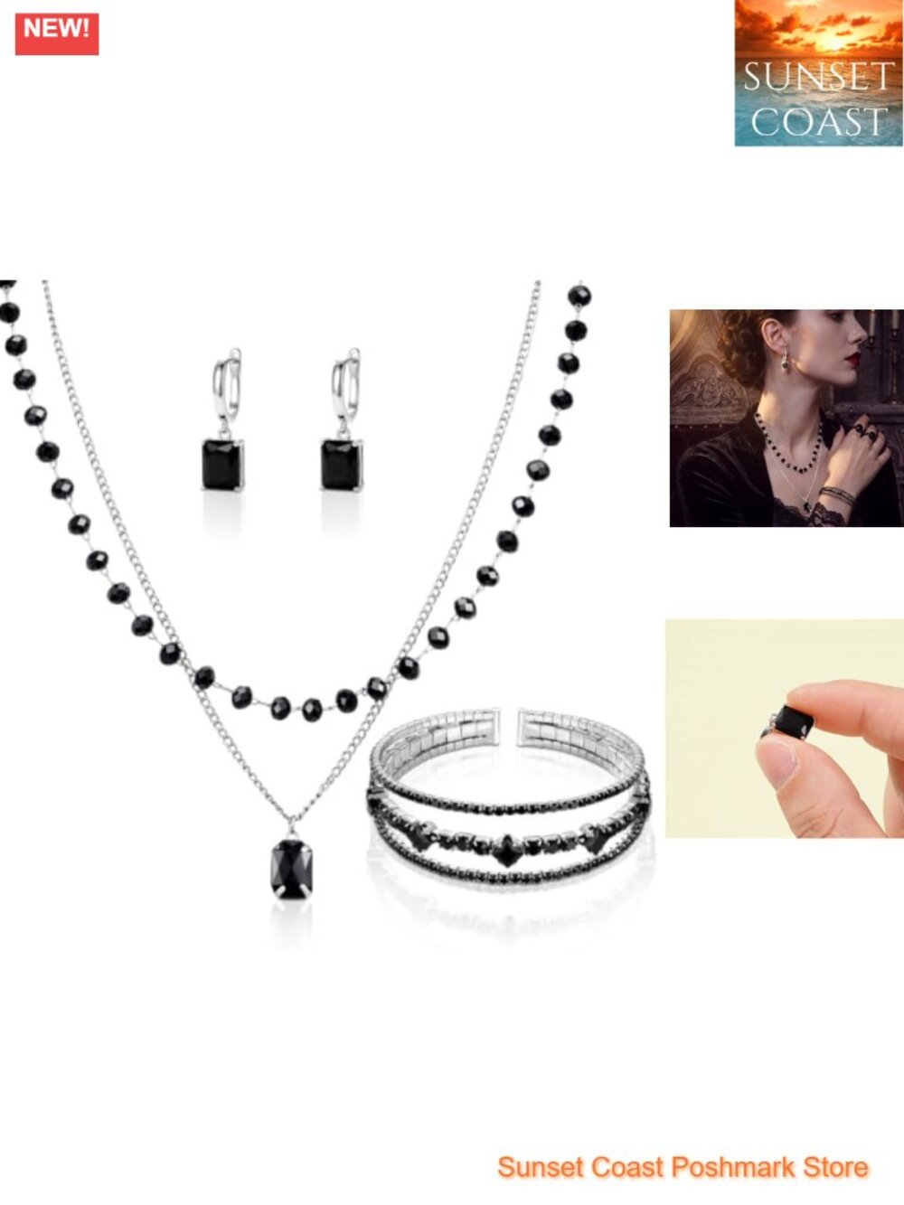Gothic Jewelry Set 4 Pc Crystal Necklace Earrings Bracelet Women